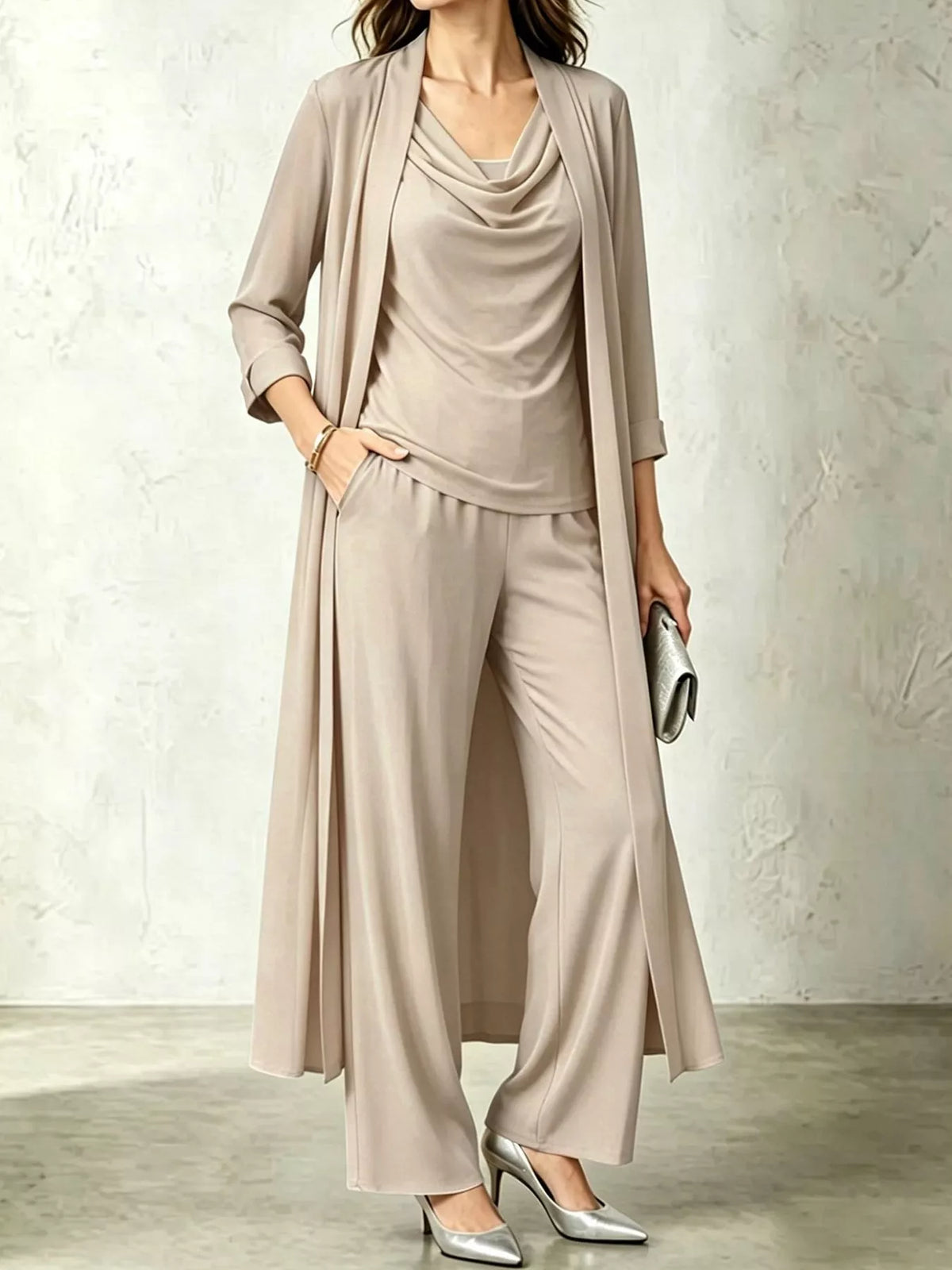 Cowl Neck Top, Cardigan and Pants Set