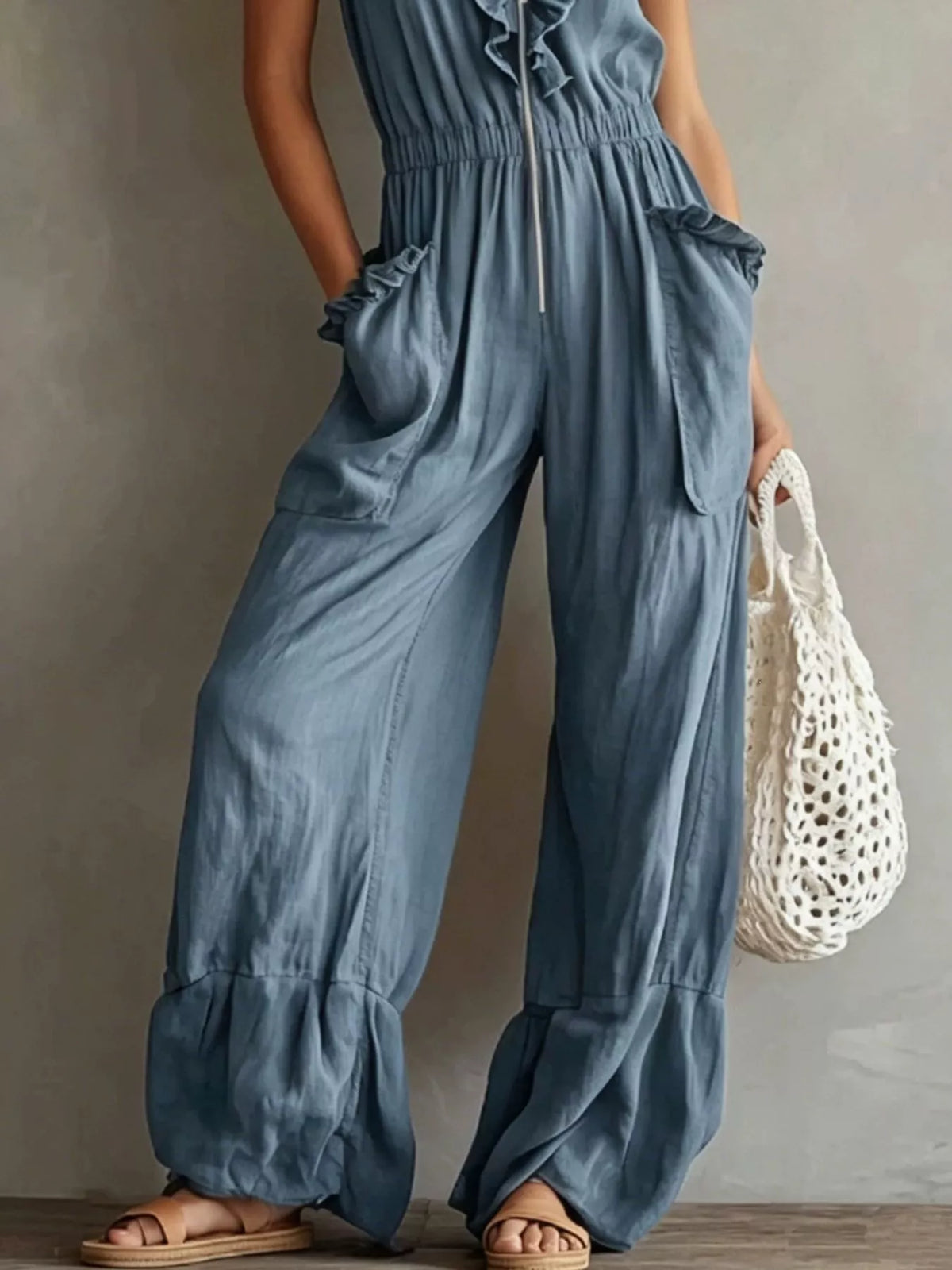 Ruffled V-Neck Jumpsuit with Pockets
