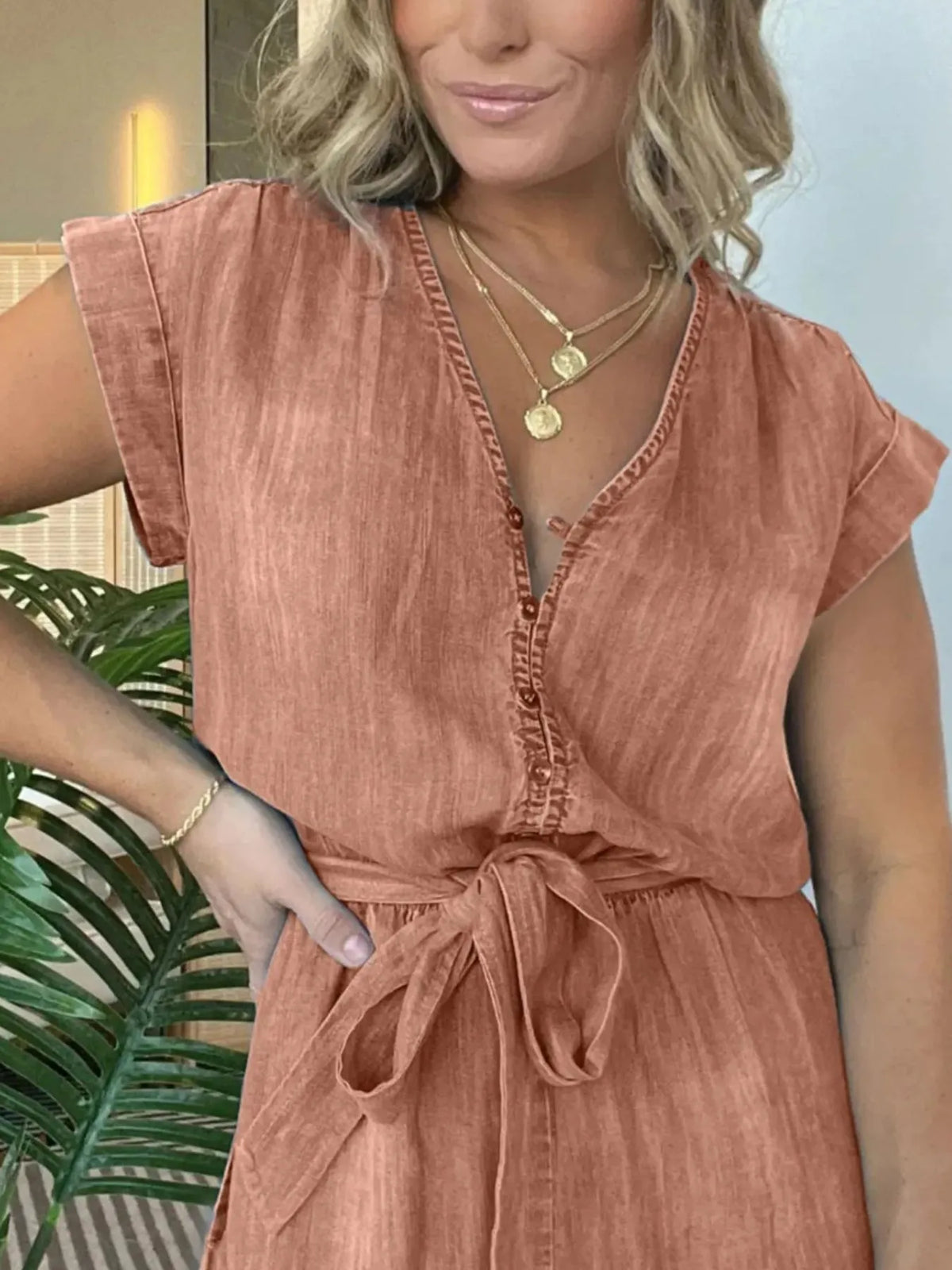 Tie-Waist Cap Sleeve Denim Romper