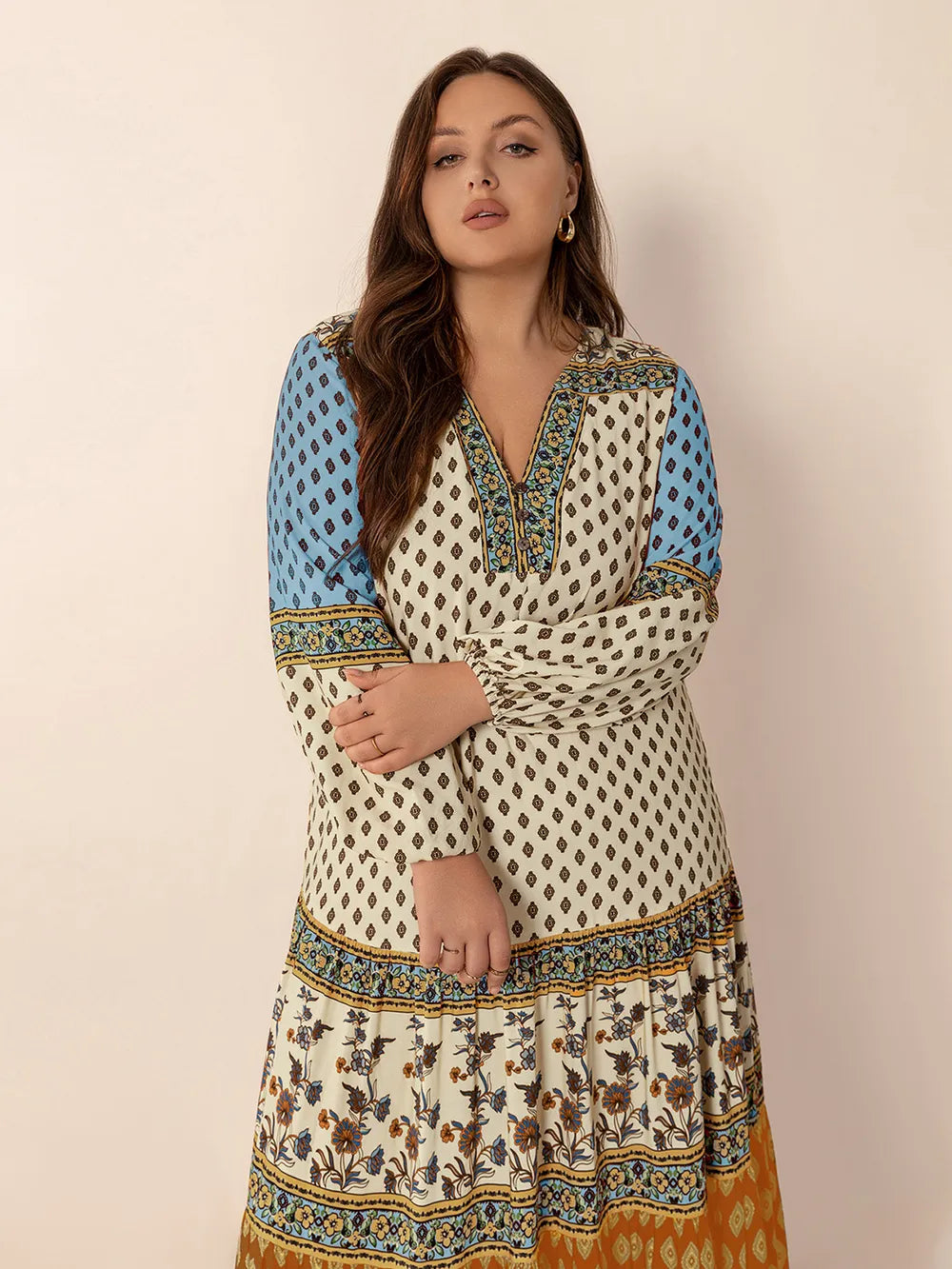 Printed V-Neck Balloon Sleeve Maxi Dress in Camel