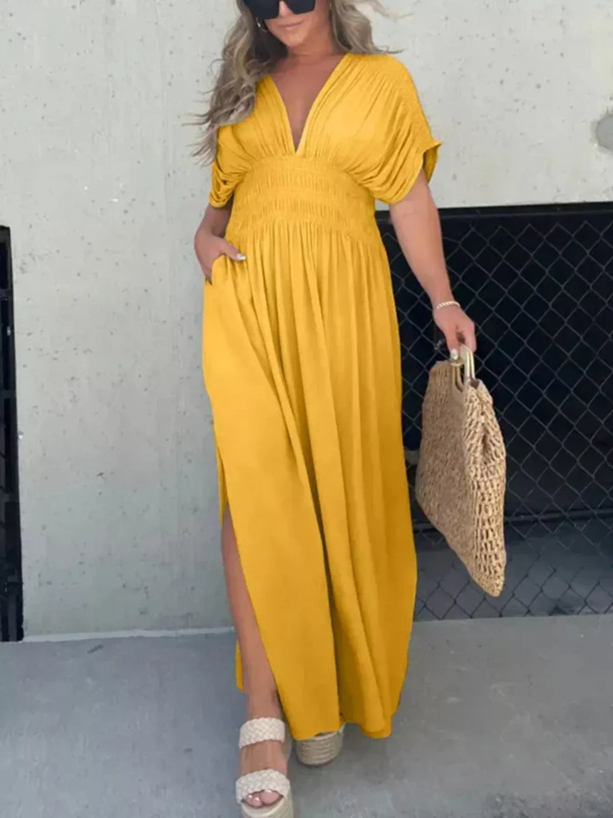Smocked Waist V-Neck Slit Maxi Dress
