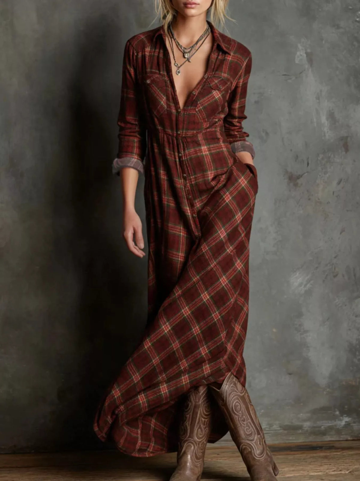 Plaid Button-Down Maxi Dress with Pockets