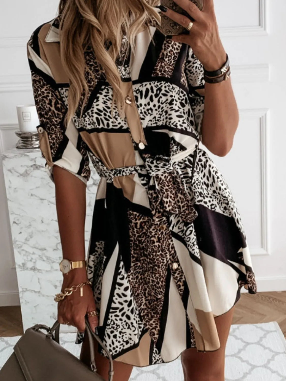 Printed Roll-Tab Sleeve Mini Dress