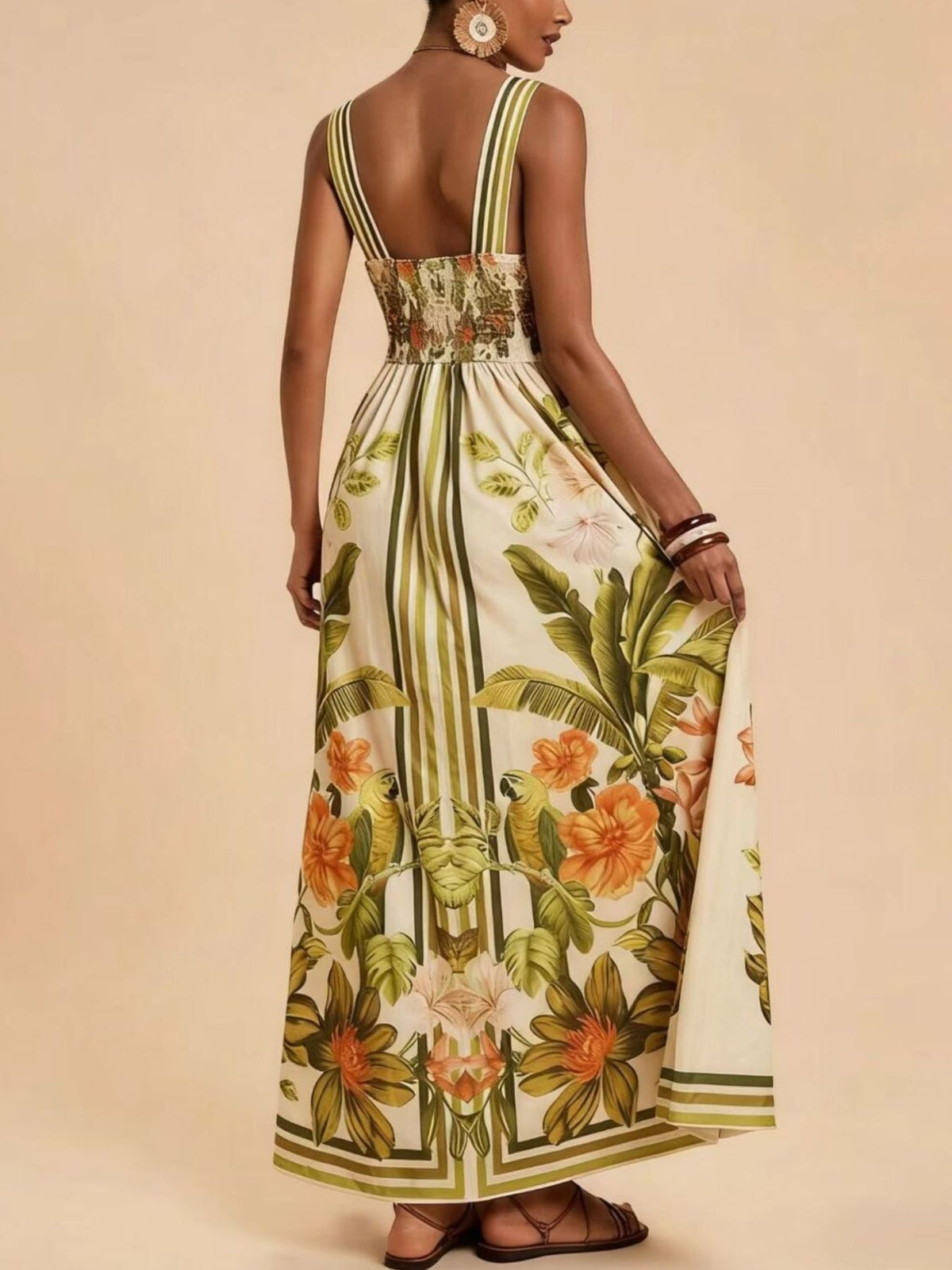 Tropical Print V-Neck Maxi Dress in Sage