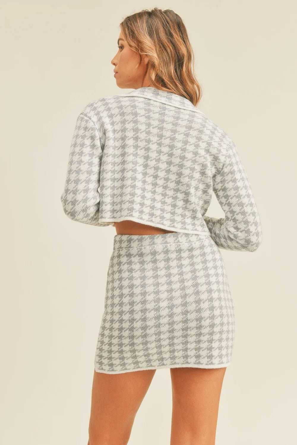 Houndstooth Cropped Cardigan and Mini Skirt Set in Blue