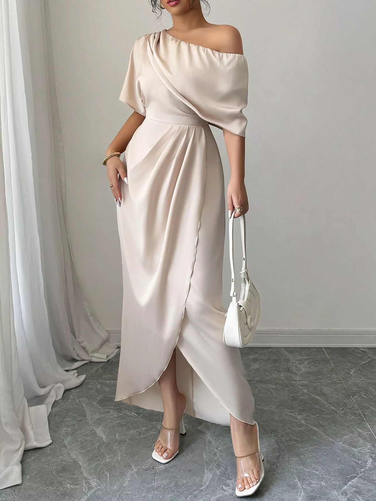 One-Shoulder Satin Maxi Dress in Champagne in Champagne Color