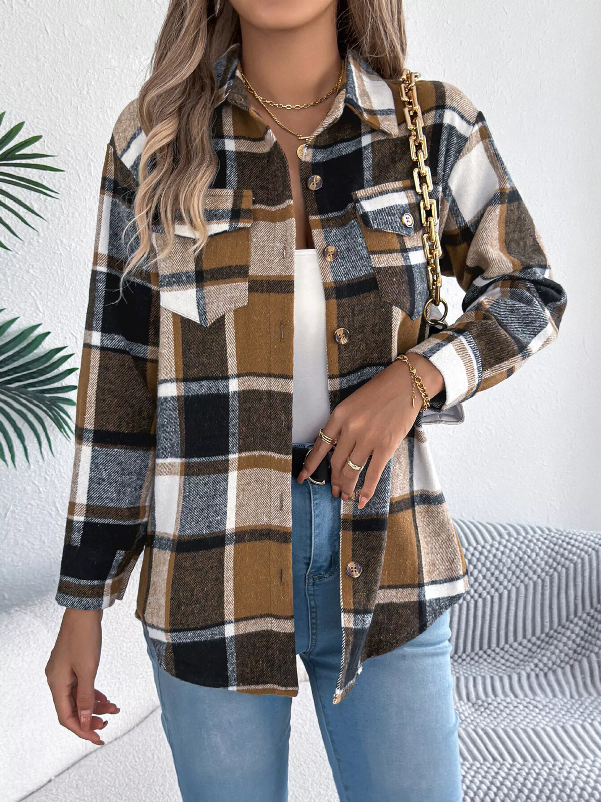 Plaid Button-Down Shacket by Clise