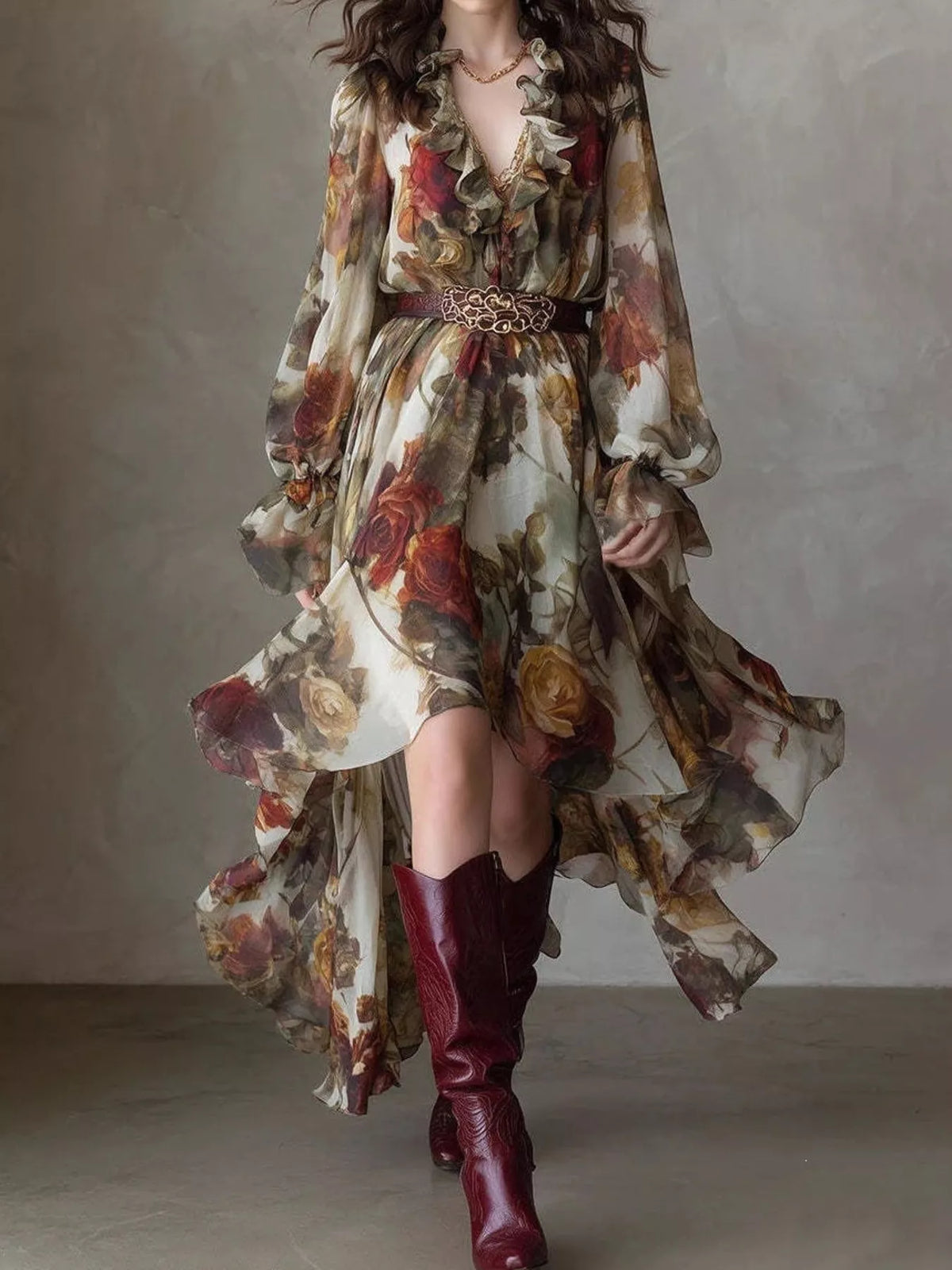 Belted Ruffle-Trim High-Low Maxi Dress in Floral
