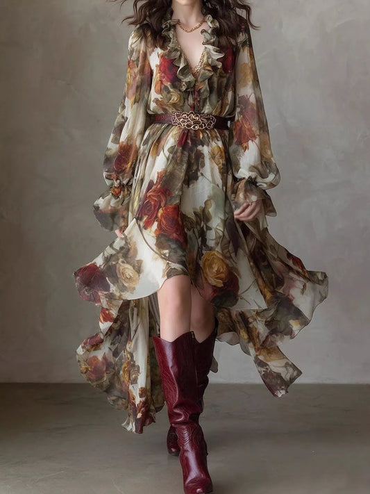 Belted Ruffle-Trim High-Low Maxi Dress in Floral