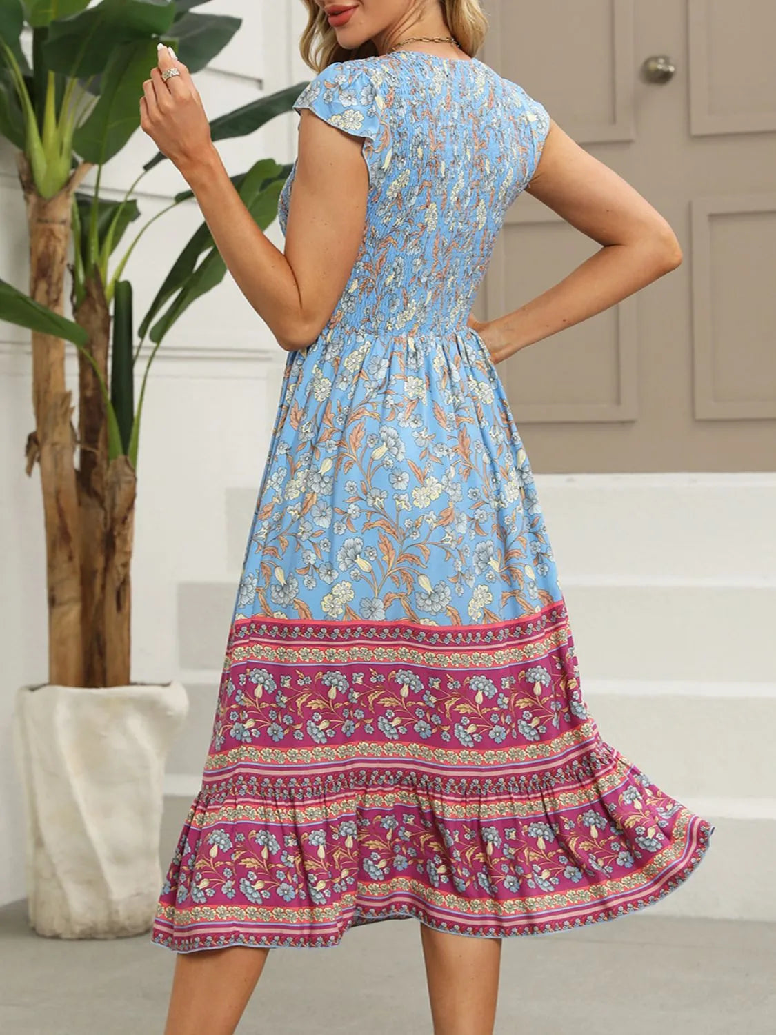 Printed Round Neck Cap Sleeve Dress by Golden Gueen