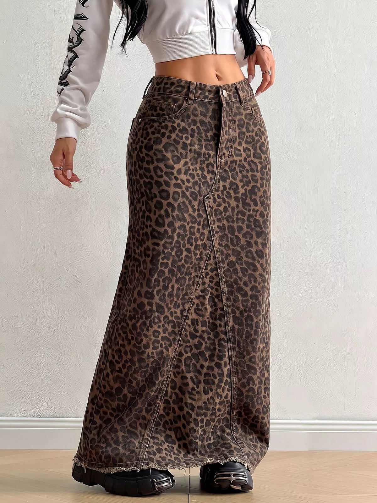 Leopard Print Denim Maxi Skirt