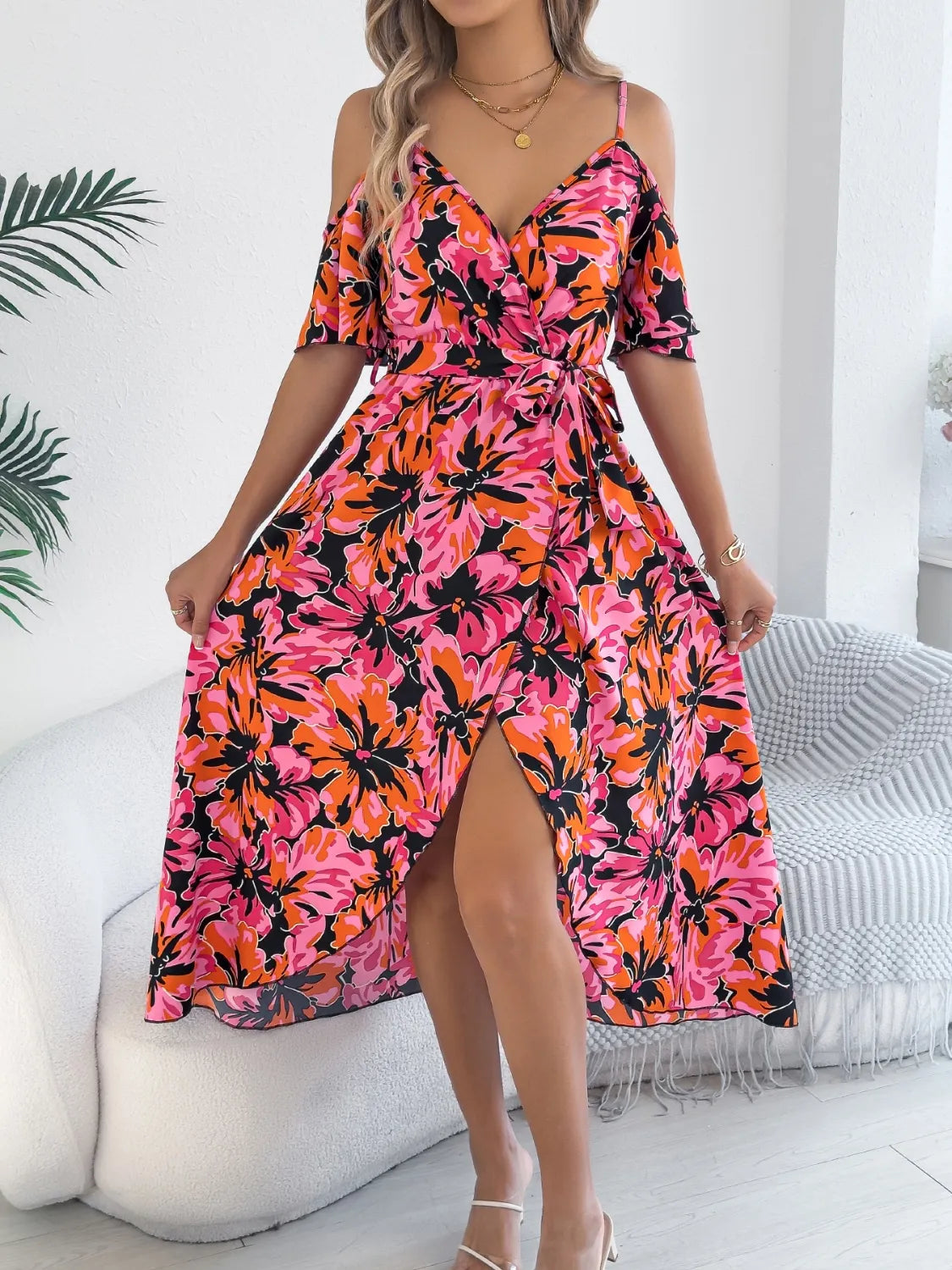Printed Cold-Shoulder Midi Cami Dress