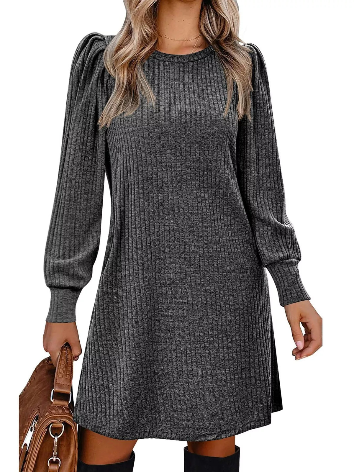 Puff Sleeve Ribbed Knit Dress with Pockets
