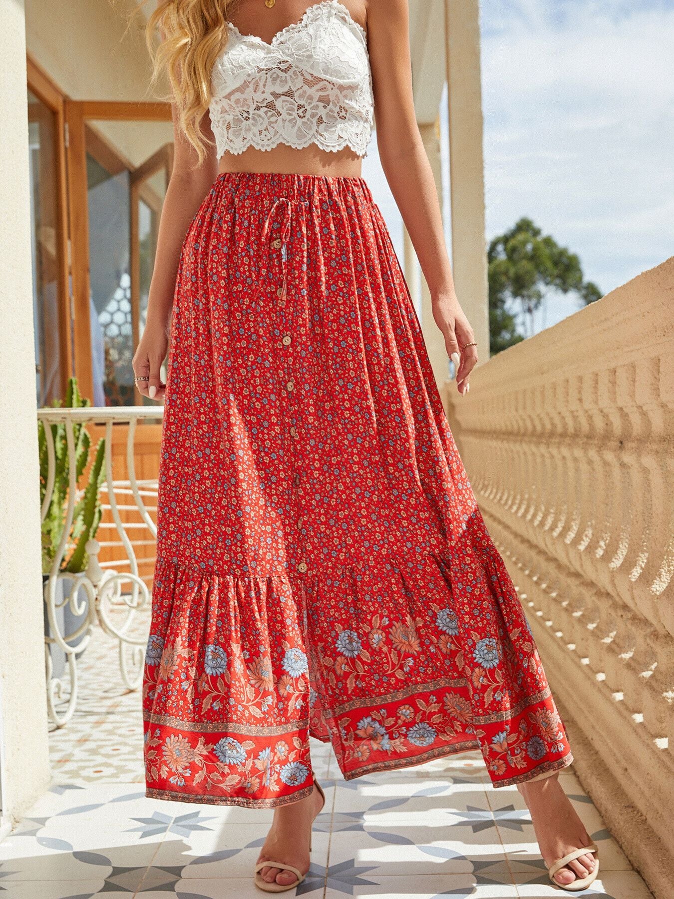 Floral Buttoned Slit Skirt