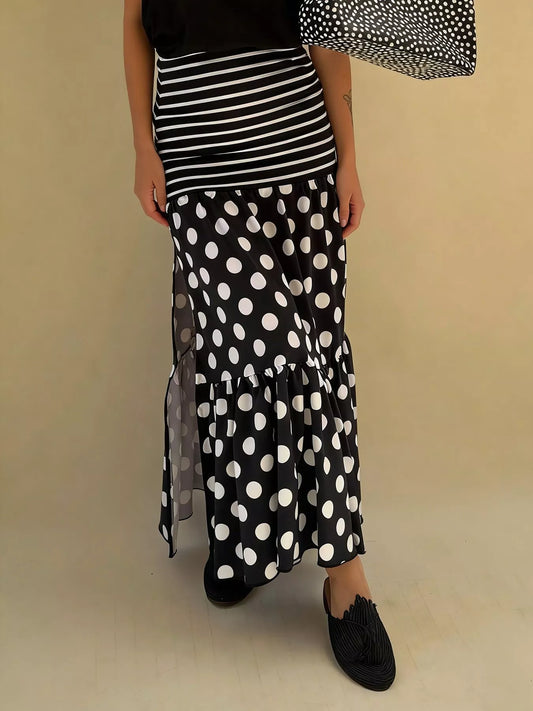 Polka Dot Slit Maxi Skirt in Black