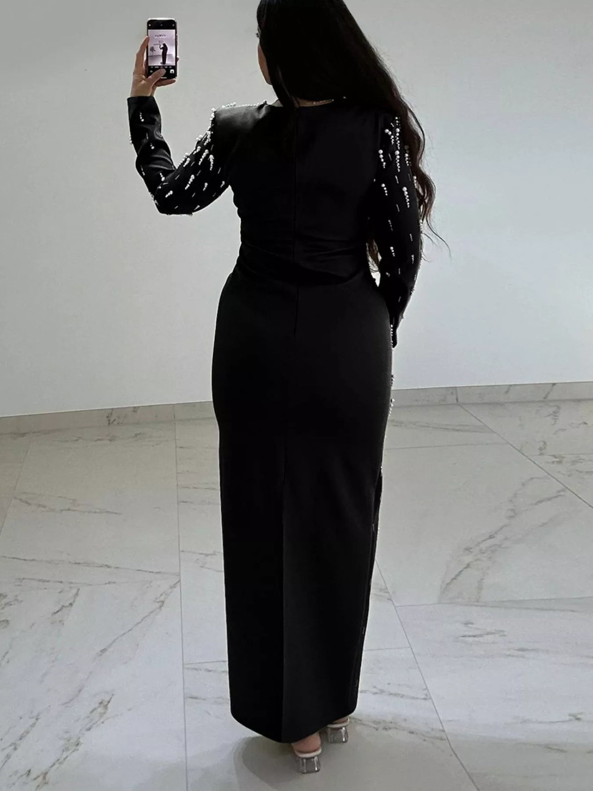 Pearl Detail Long Sleeve Maxi Dress in Black