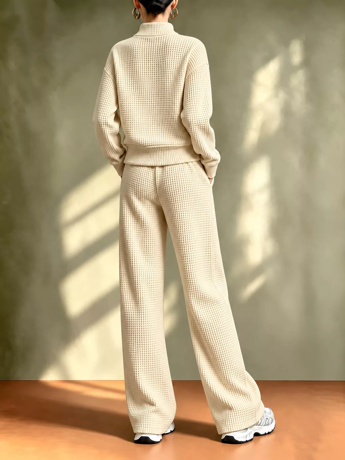 Waffle Knit Button-Up and Wide-Leg Pants Set