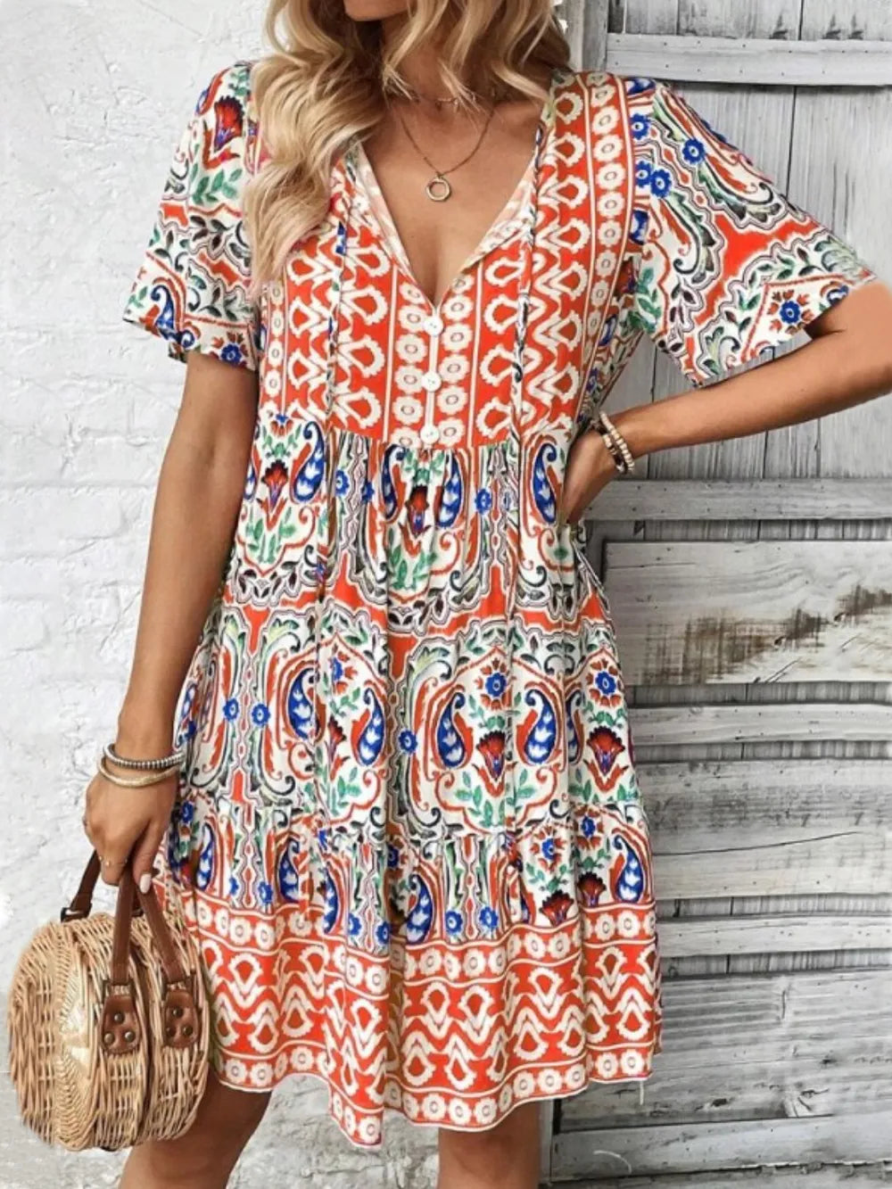 Printed Tie-Neck Short Sleeve Dress