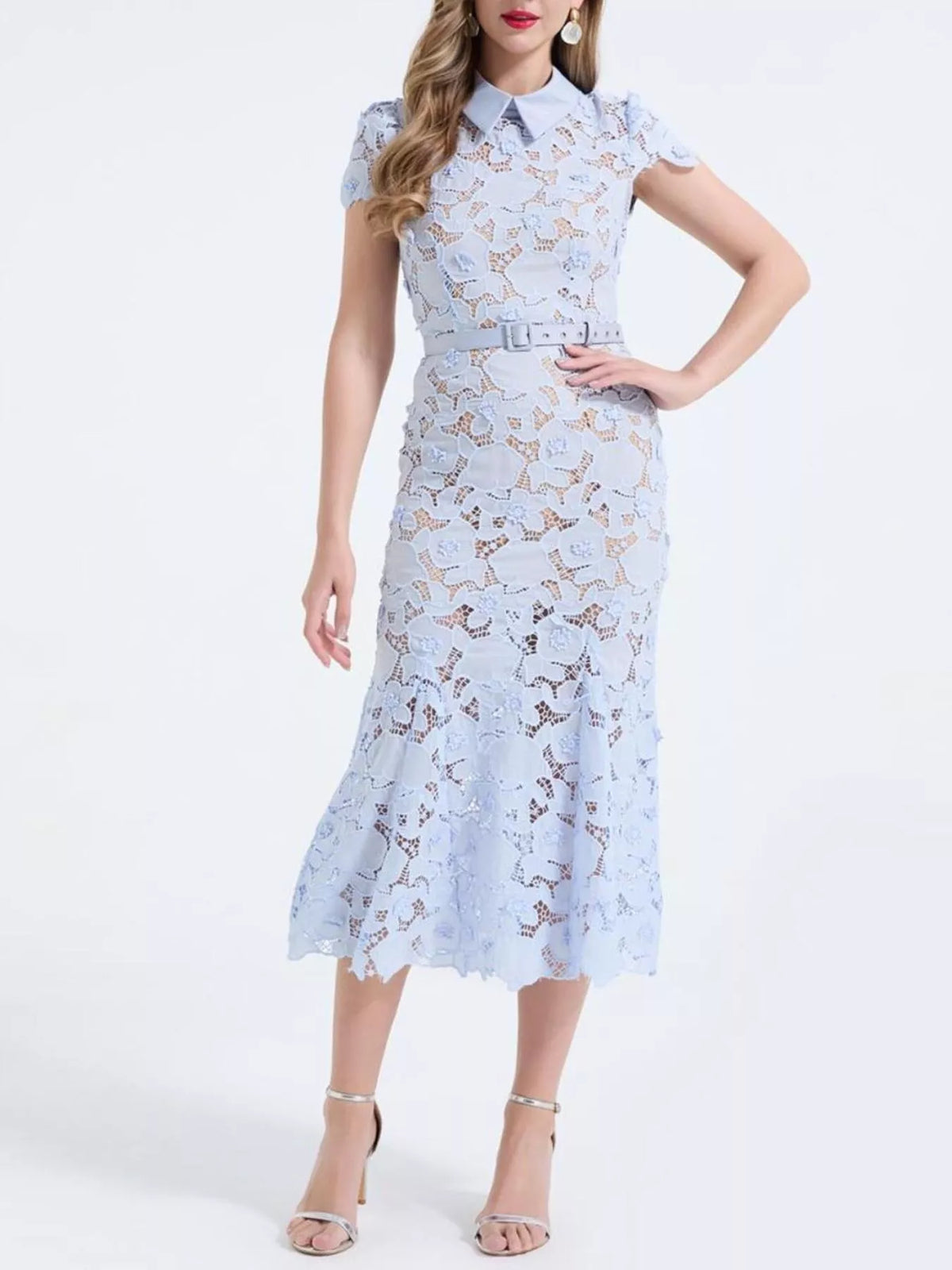 Floral Lace Short-Sleeve Midi Dress