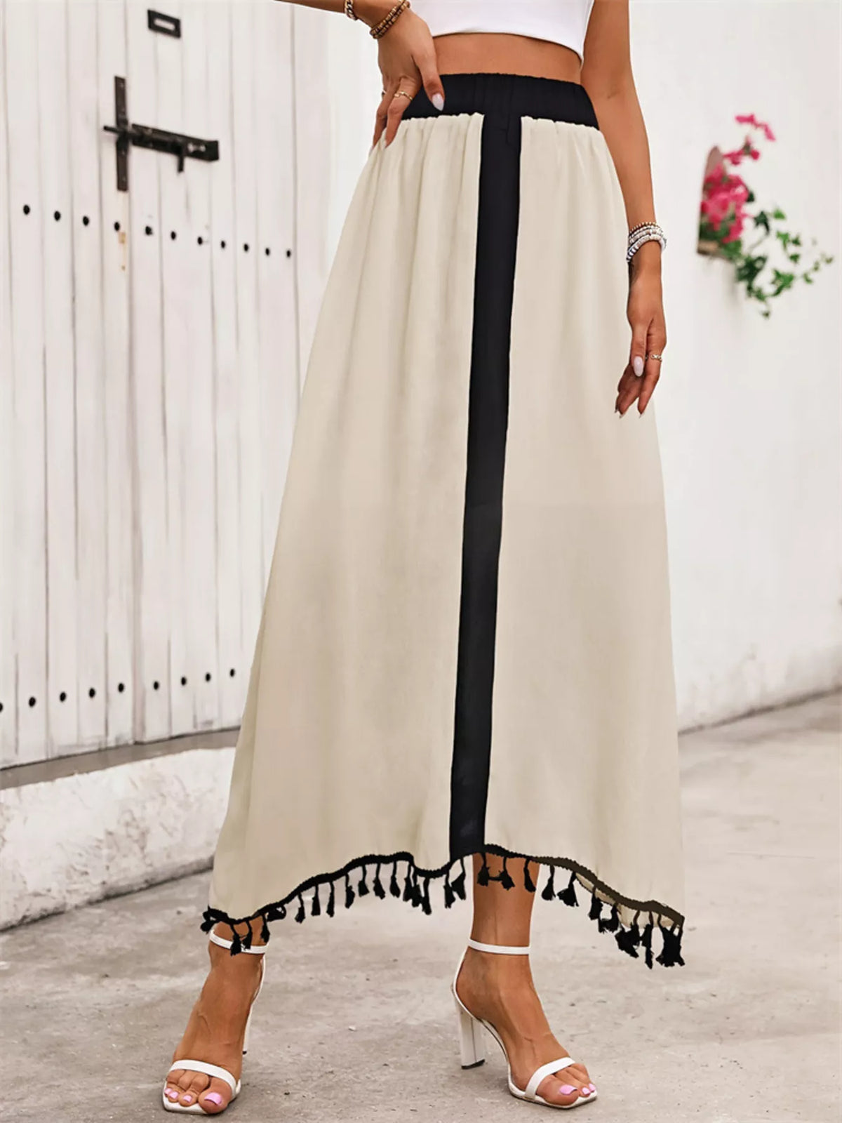 High-Waist Tassel Trim Skirt in Cream