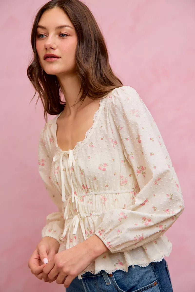So Me Floral Clip Dot Lace Trim Blouse in White