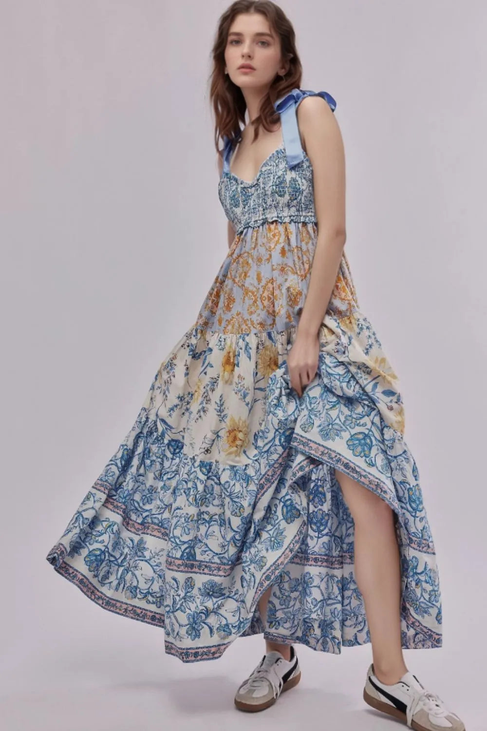Floral Tiered Maxi Dress with Mixed Print