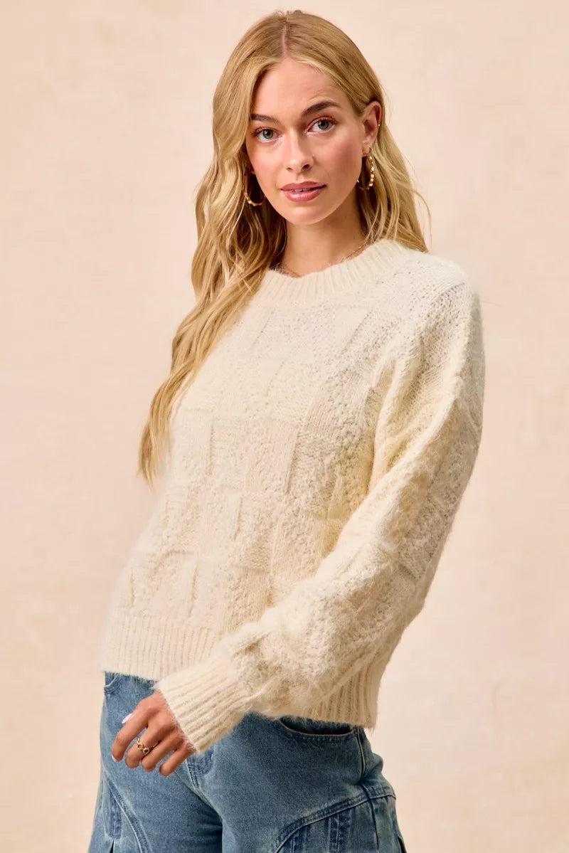 Checkerboard Drop Shoulder Sweater in Ivory by BiBi