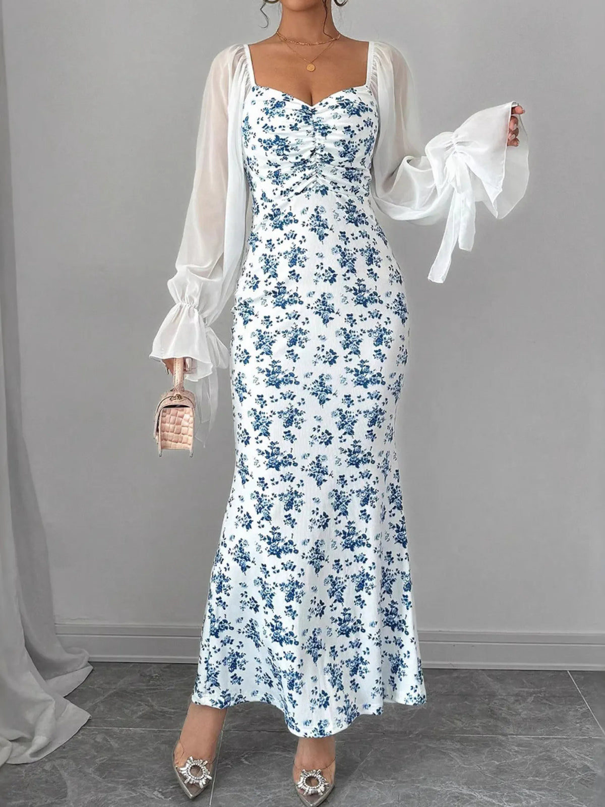 Floral Sweetheart Maxi Dress in Light Blue