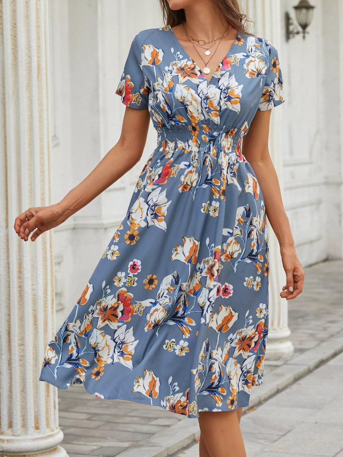 Smocked Printed Short-Sleeve Midi Dress