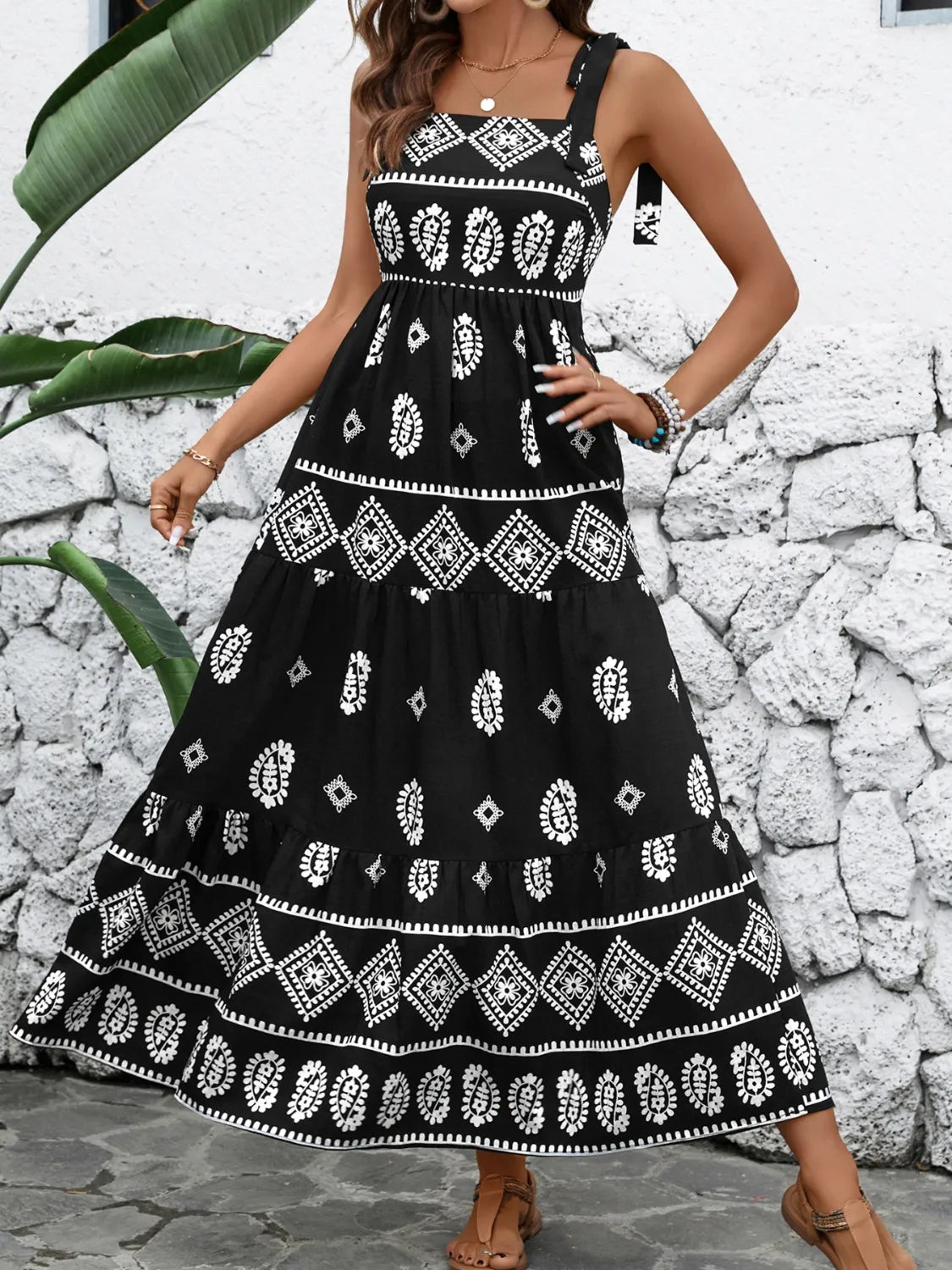 Printed Square Neck Maxi Cami Dress in Black
