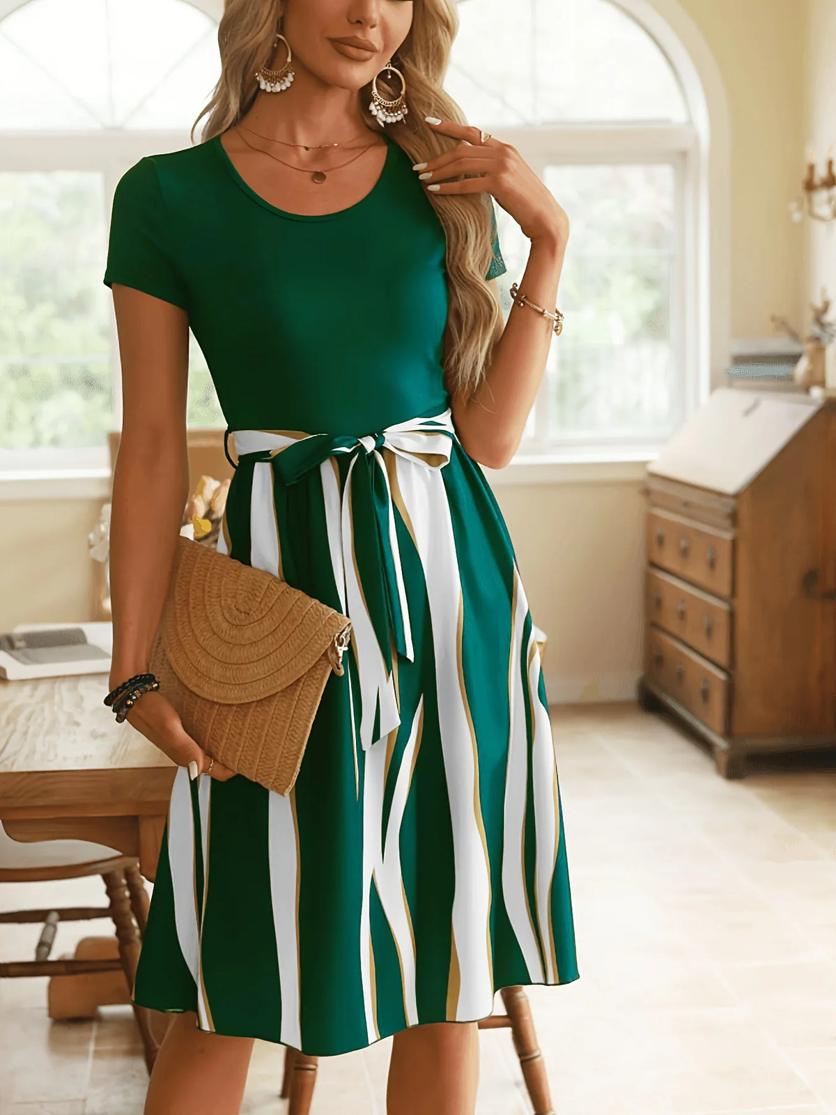 Striped Short Sleeve Tie Waist Dress by Classic Comfort
