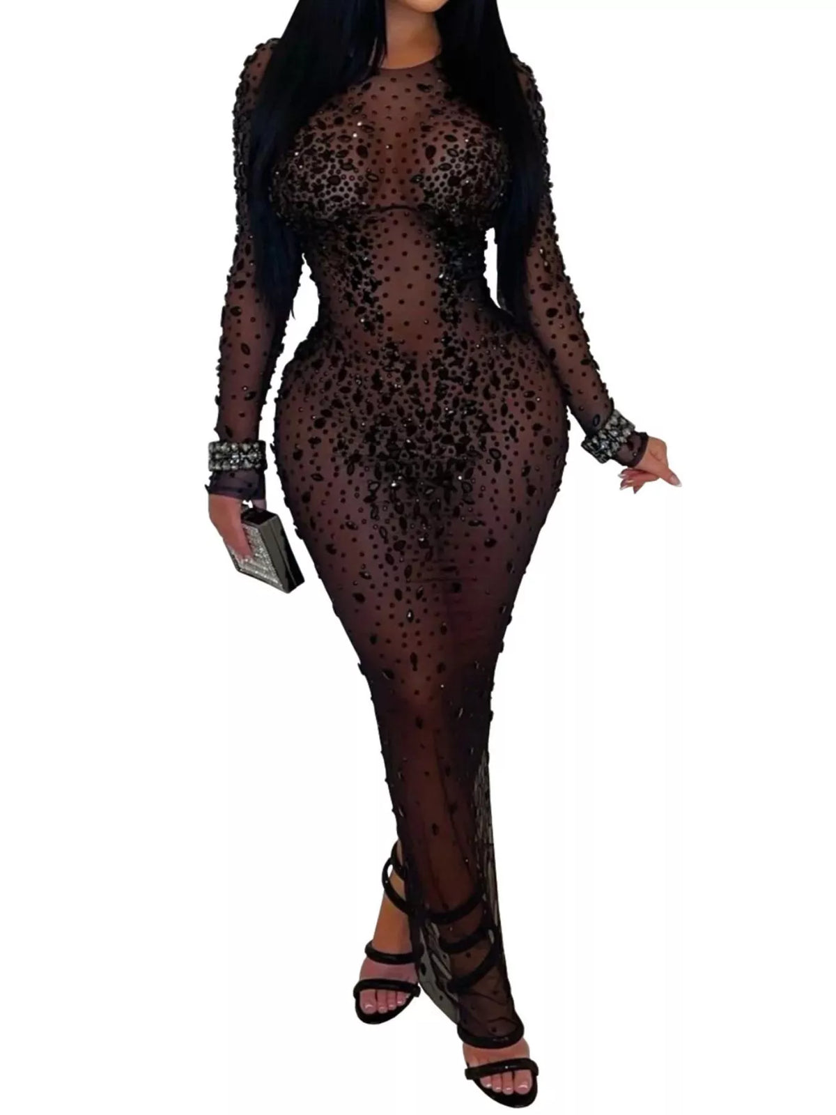 Sheer Mesh Rhinestone Evening Dress in Black