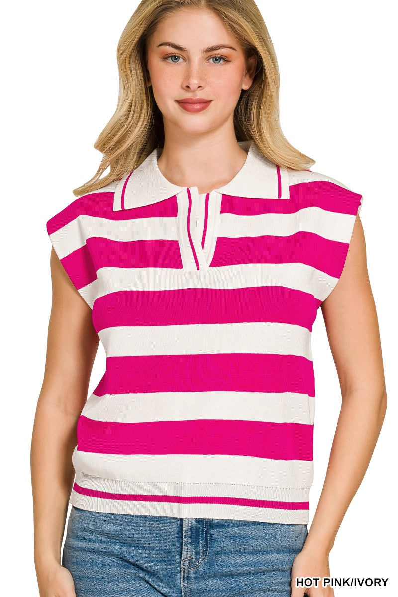 Zenana Striped Collared Sweater Vest in Hot Pink/Ivory