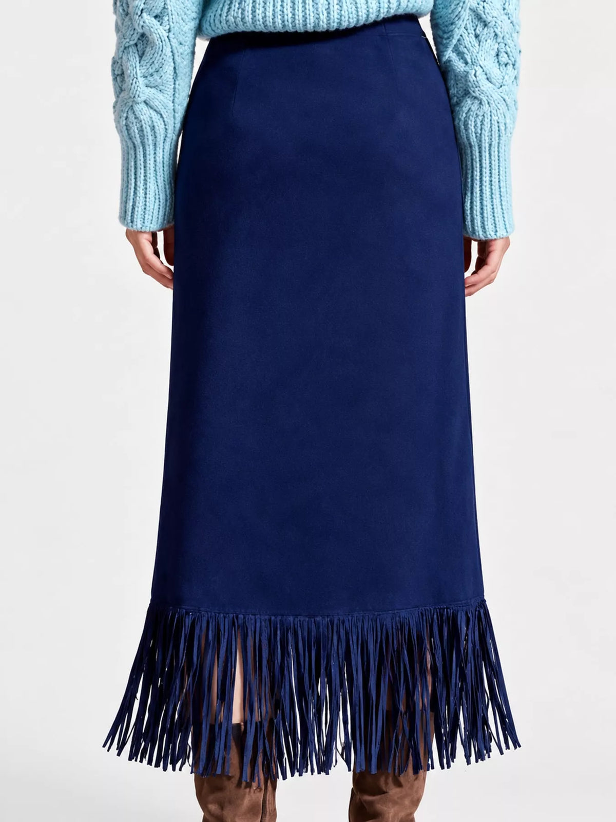 High-Waisted Fringe Midi Skirt