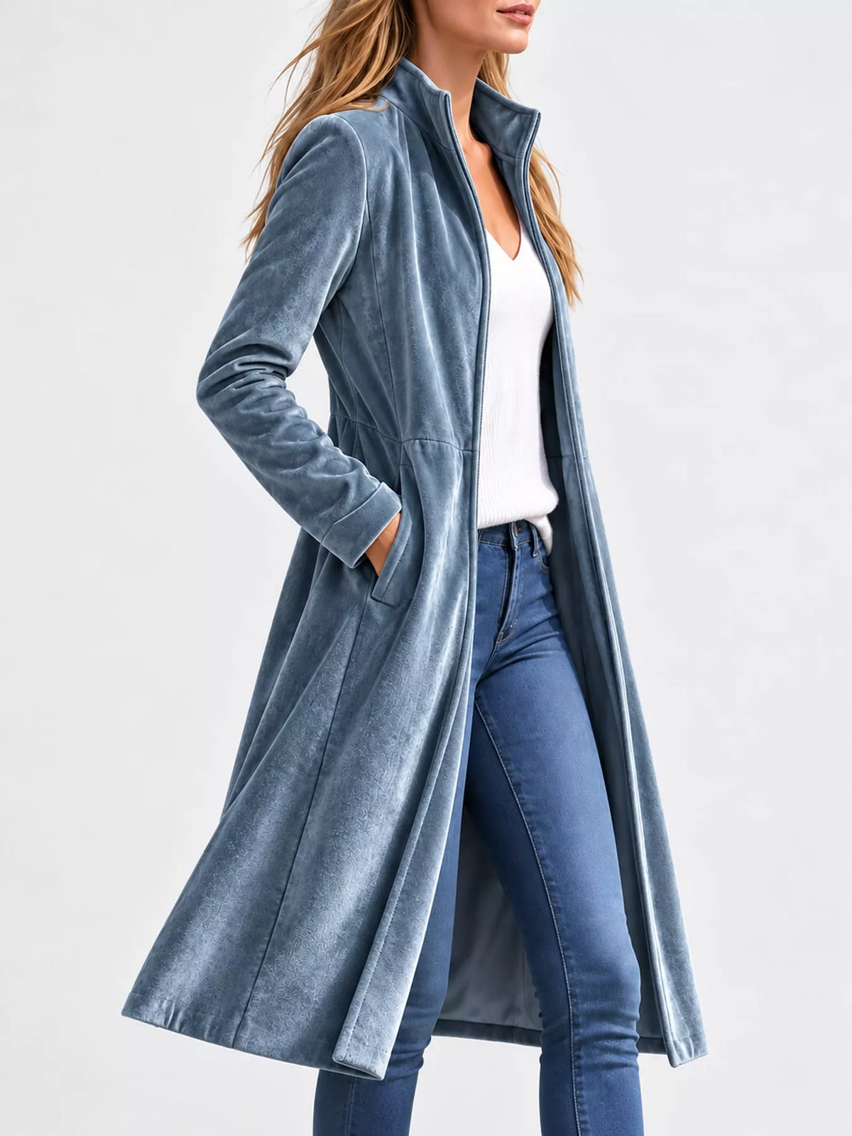 Velvet Zip-Up Longline Jacket