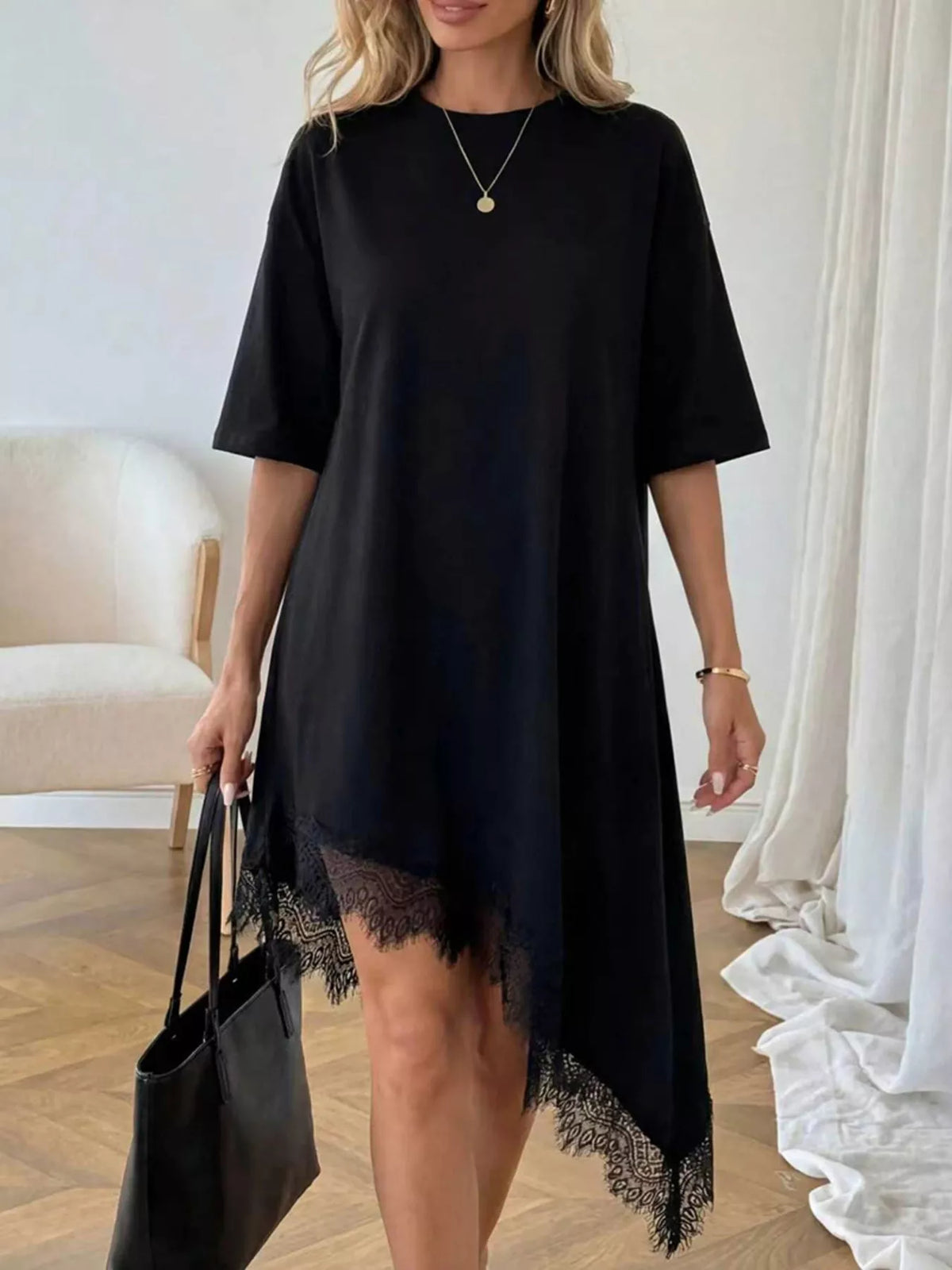 Asymmetrical Hem T-Shirt Dress with Lace Trim