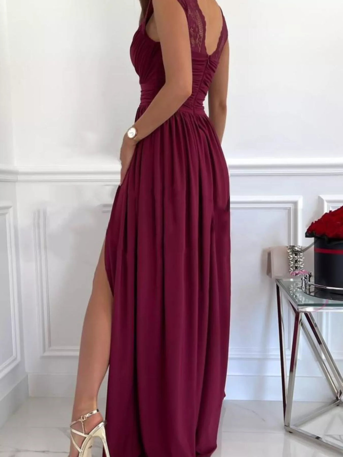 Lace Detail High Slit Maxi Dress