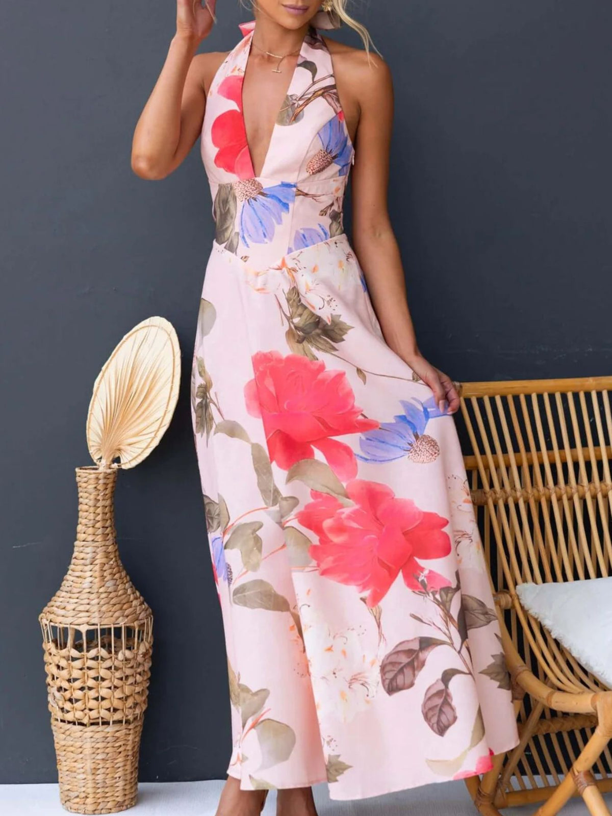 Floral Print Lace-Up Halter Maxi Dress