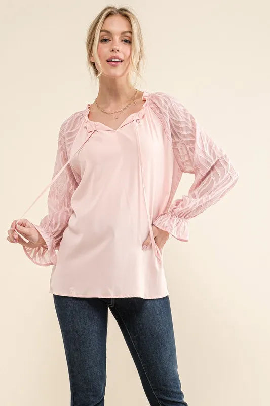 And The Why Leaf-Textured Sleeve Blouse in Pink