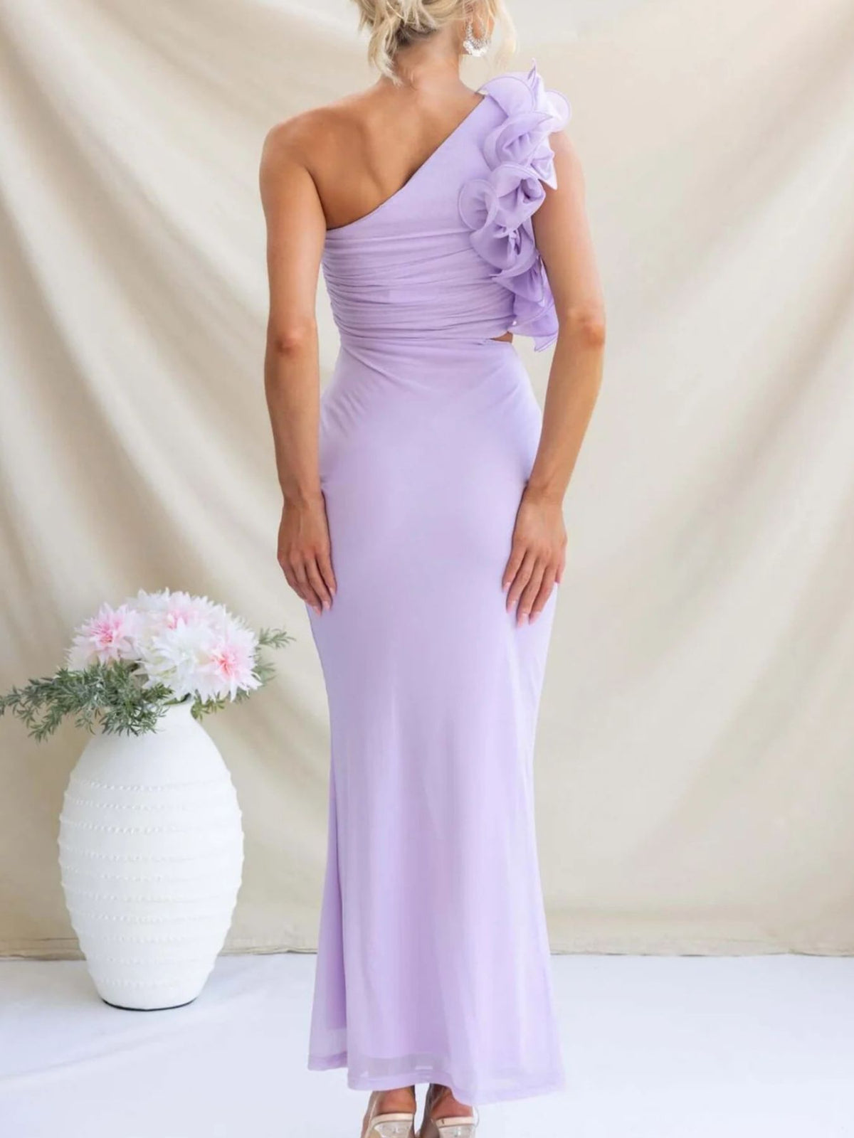 One-Shoulder Floral Trim Maxi Dress