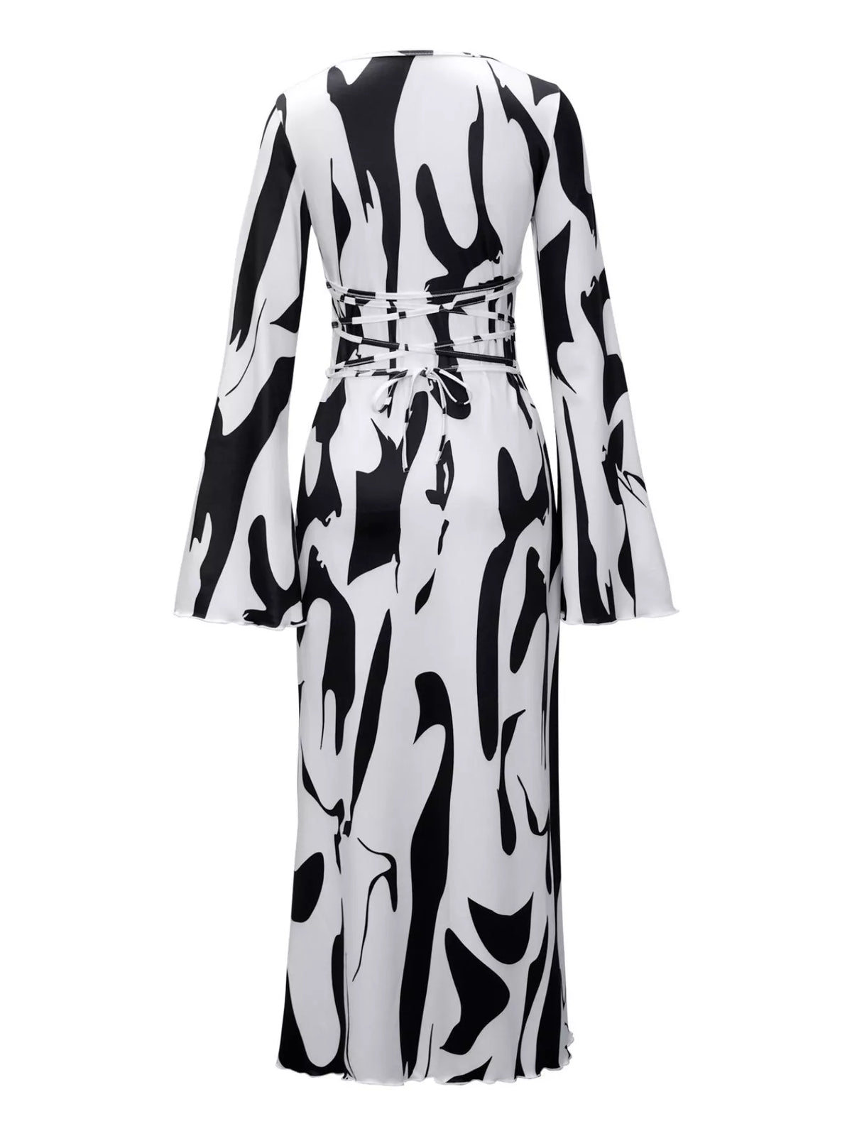 Abstract Print Long-Sleeve Maxi Dress in White Black