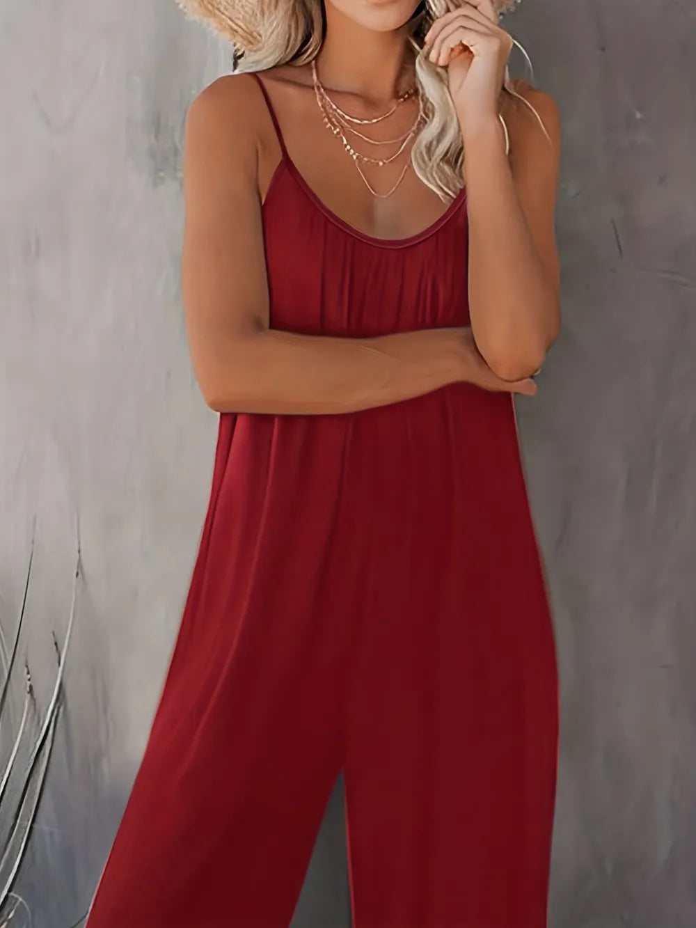 Scoop Neck Spaghetti Strap Jumpsuit in Burgundy