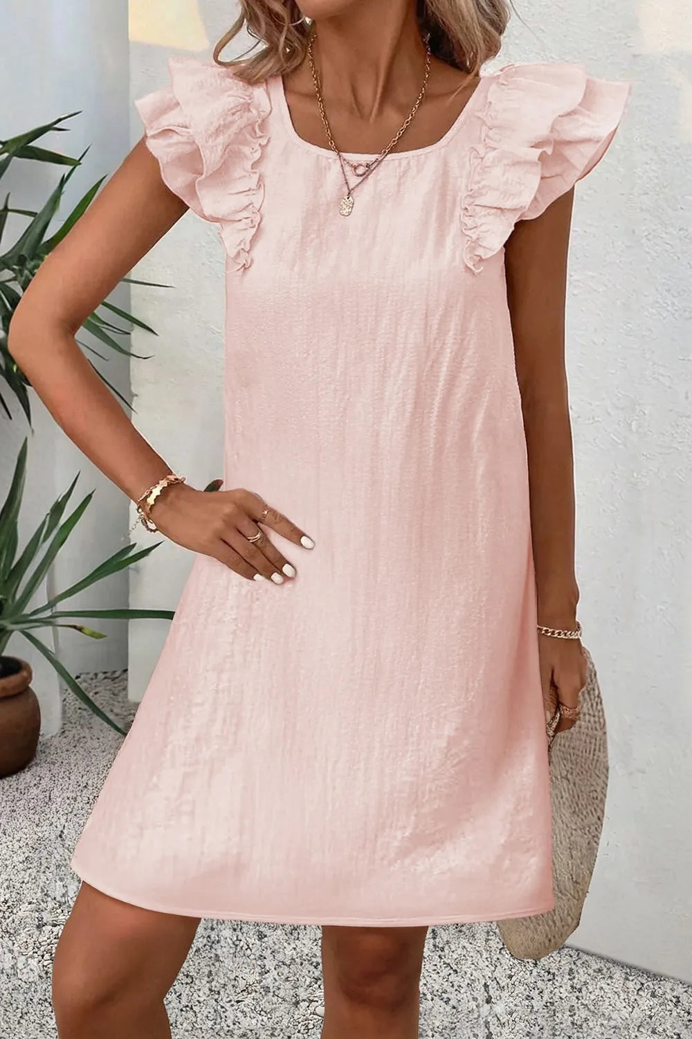 Ruffle Sleeve Bow Back Mini Dress in Watermelon Pink
