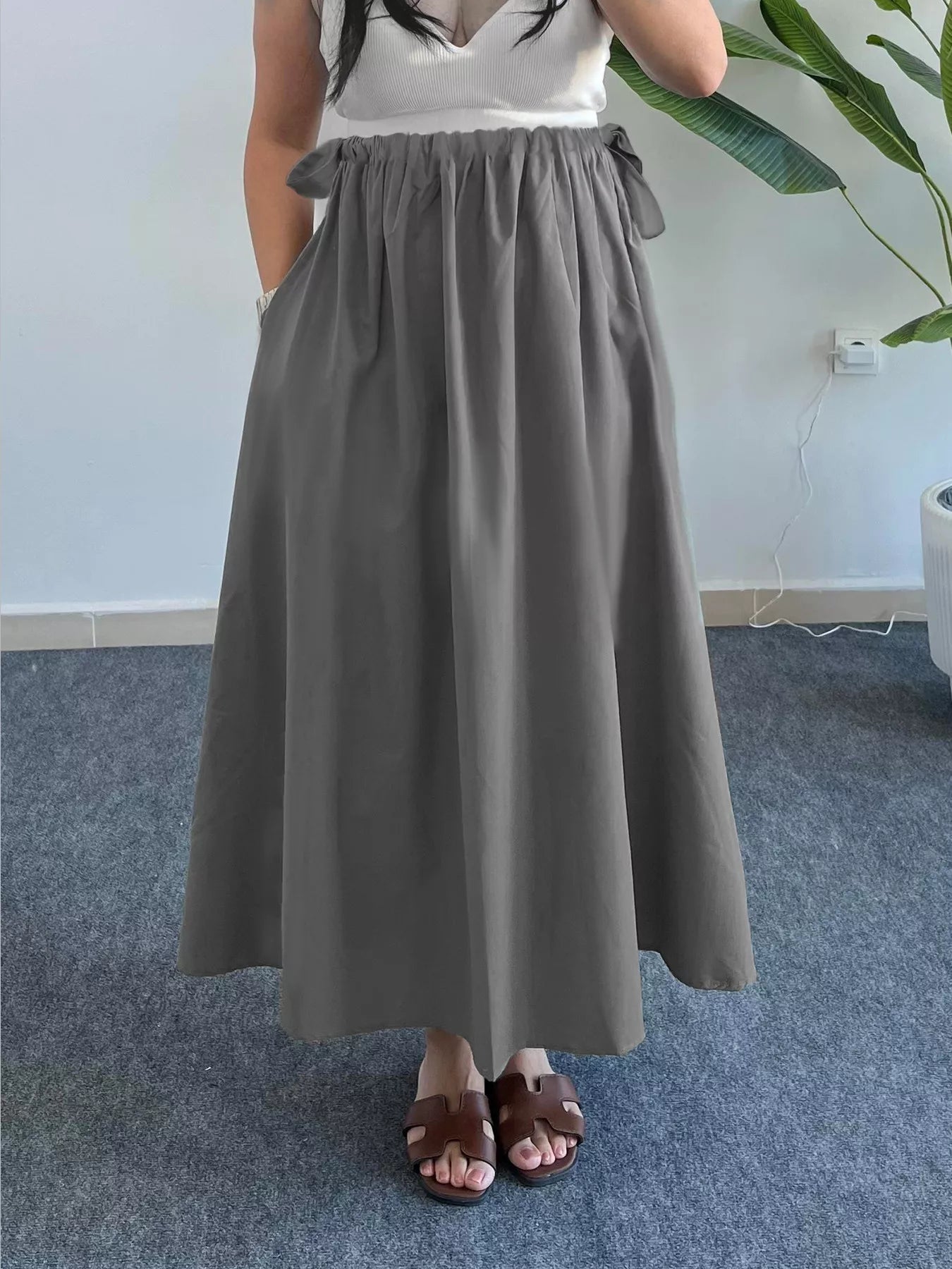 Flowy A-Line Midi Skirt in Gray
