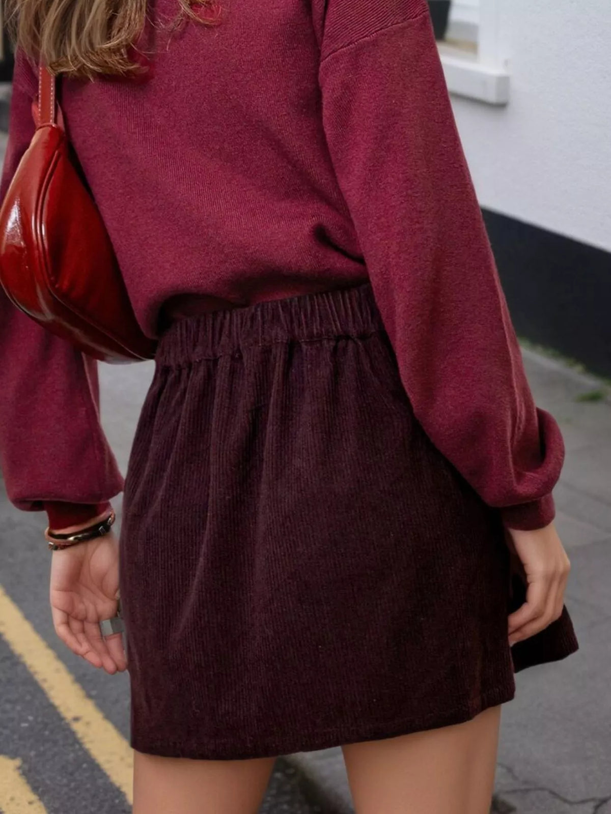 Corduroy Mini Skirt with Gold Buttons in Burgundy