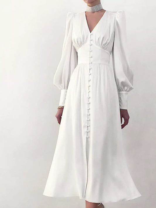 V-Neck Lantern Sleeve Midi Dress