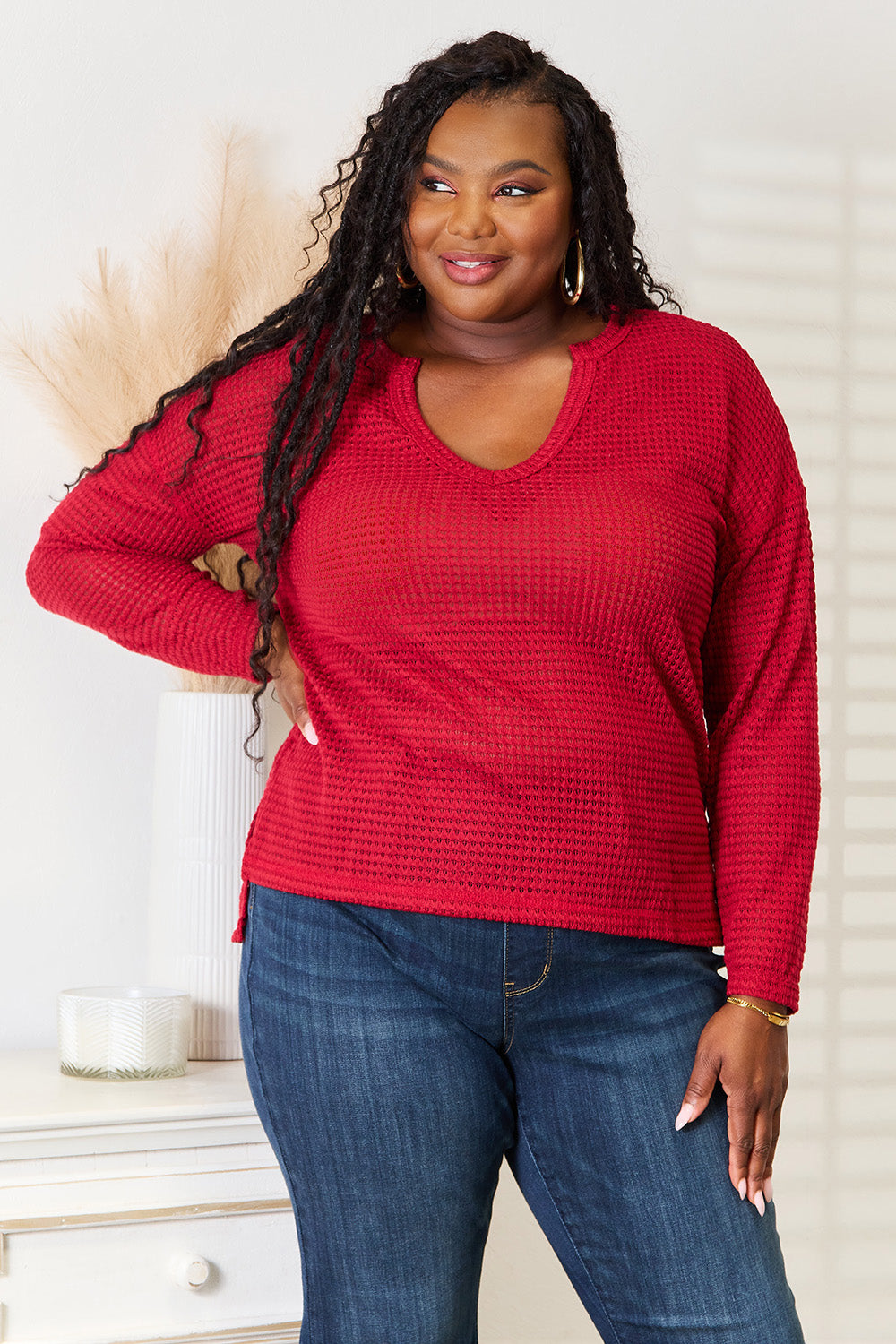 Culture Code Wide Notch Waffle Knit Top in Red