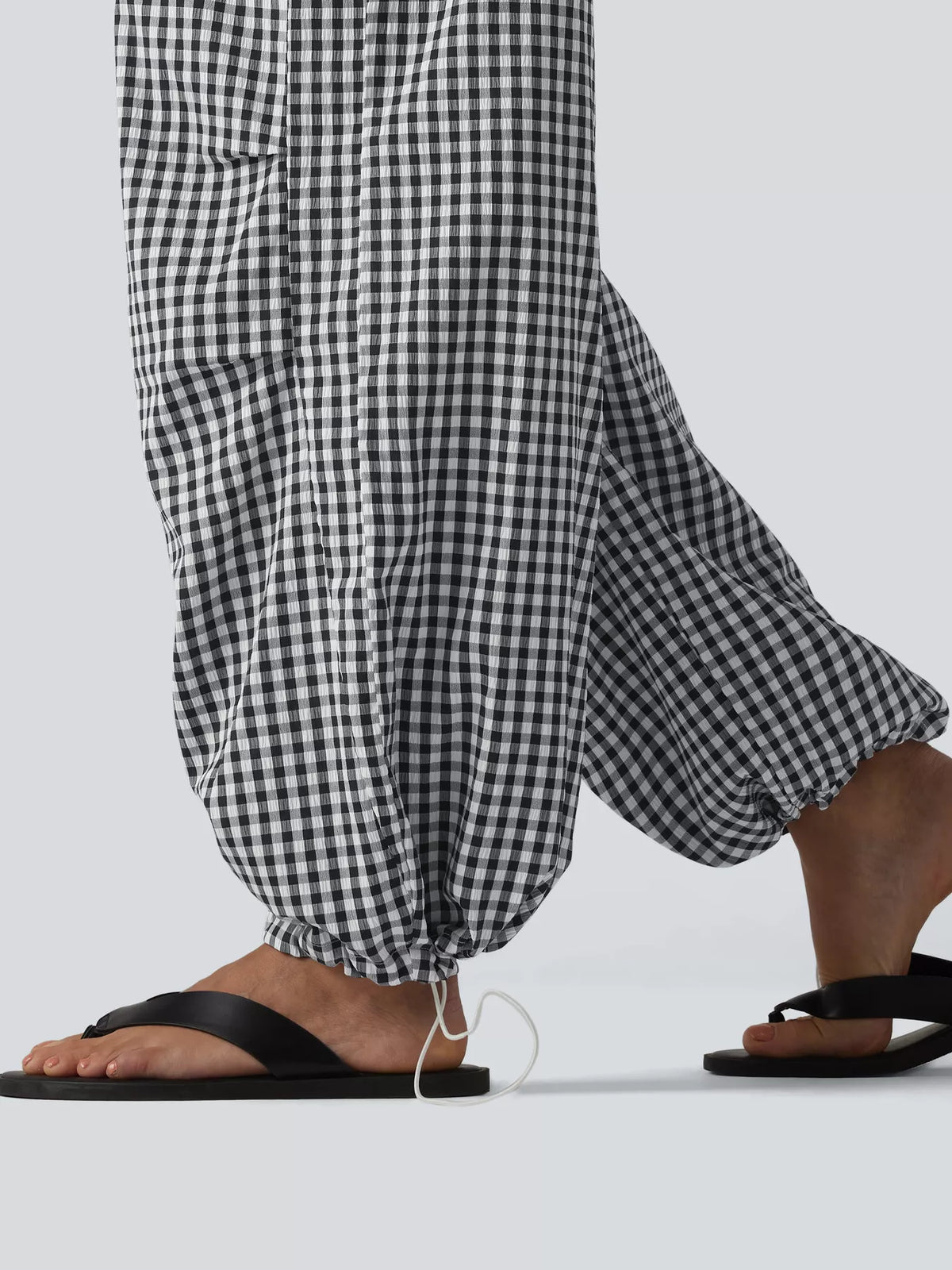 High-Waisted Gingham Drawstring Wide-Leg Pants