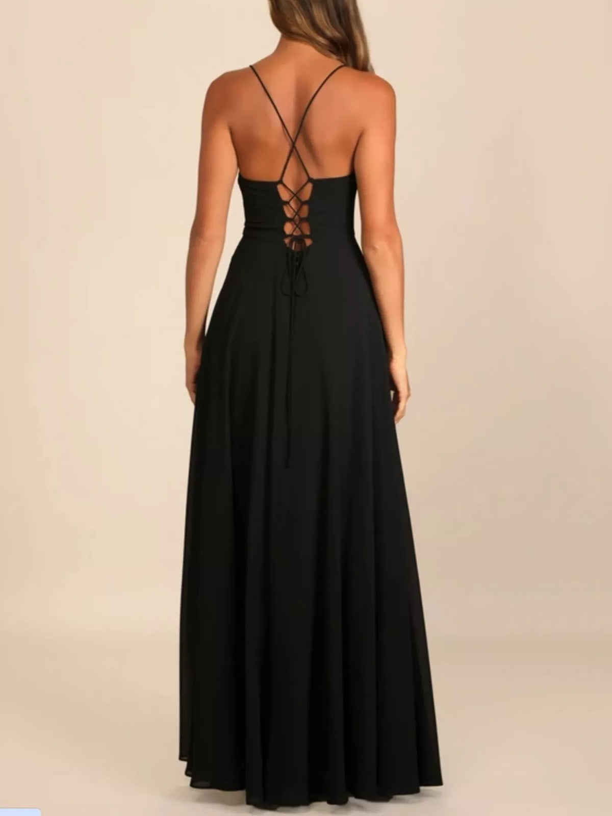 Backless Lace-Up Slit Cowl Neck Maxi Dress by Elegant Elements