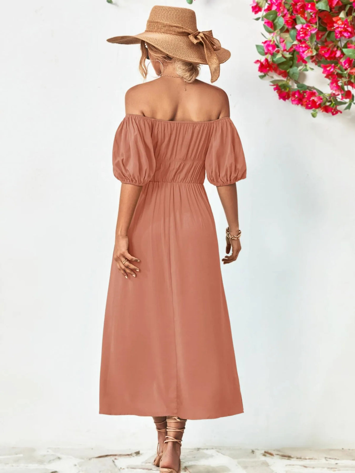Off-Shoulder Puff-Sleeve Smocked Maxi Dress